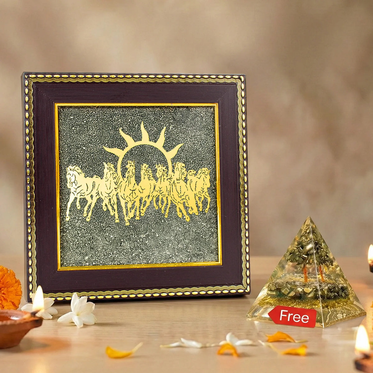 7 Horses on Raw Pyrite Frame with FREE Money Magnet Pyramid