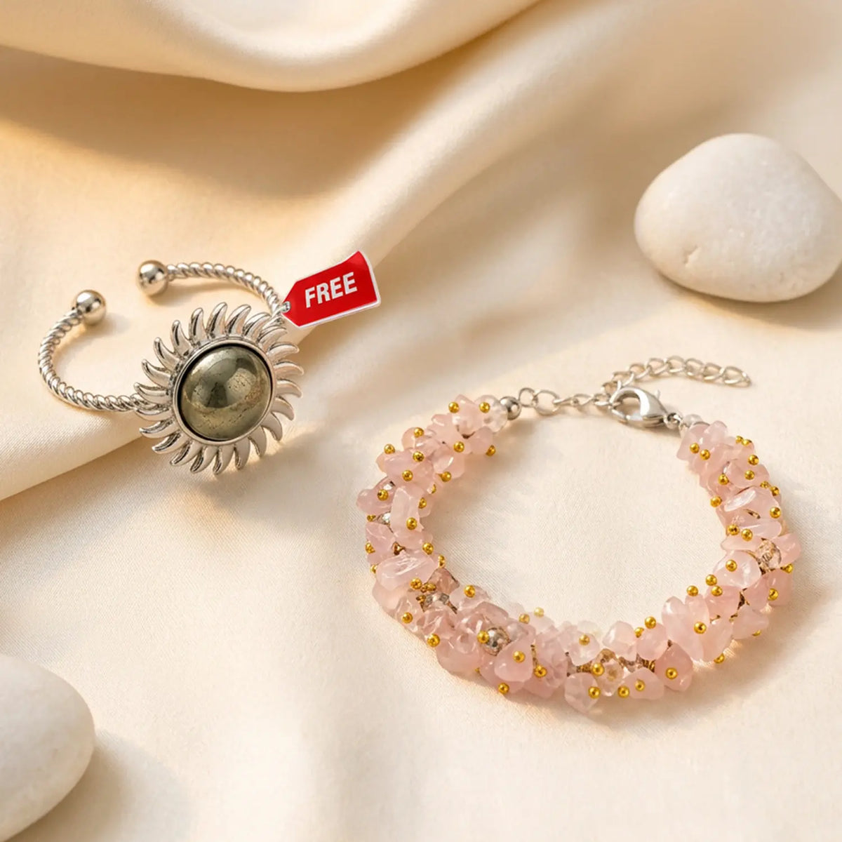 Rose Quartz Chips Bracelet with Free Pyrite Sun Ring