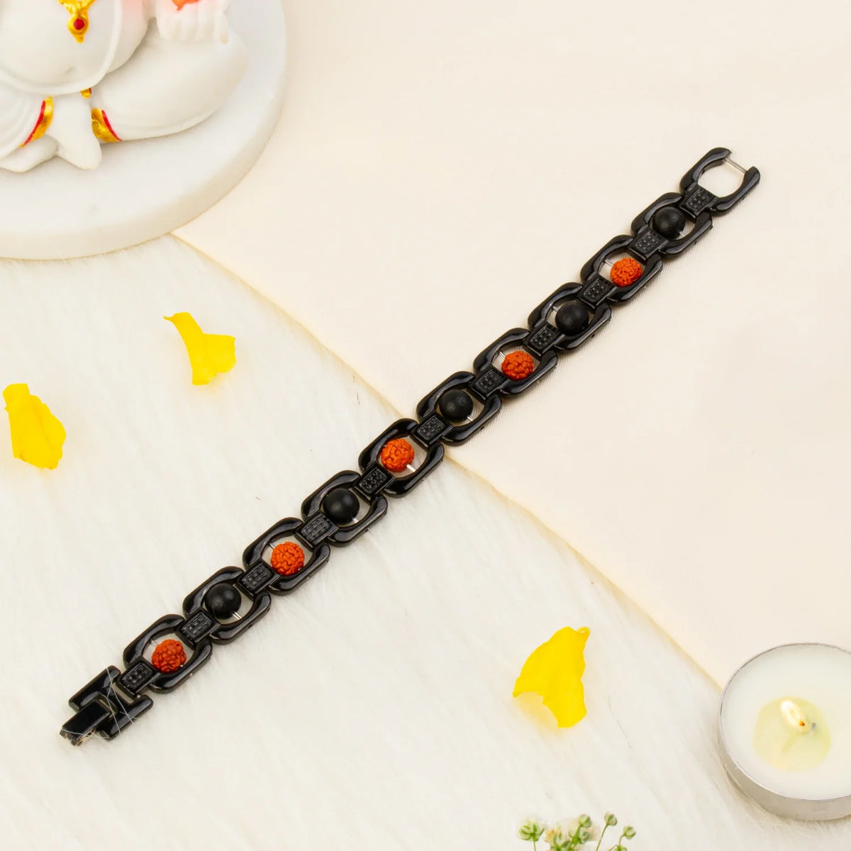 Metal Rudraksha and Karungali Bracelet - Black