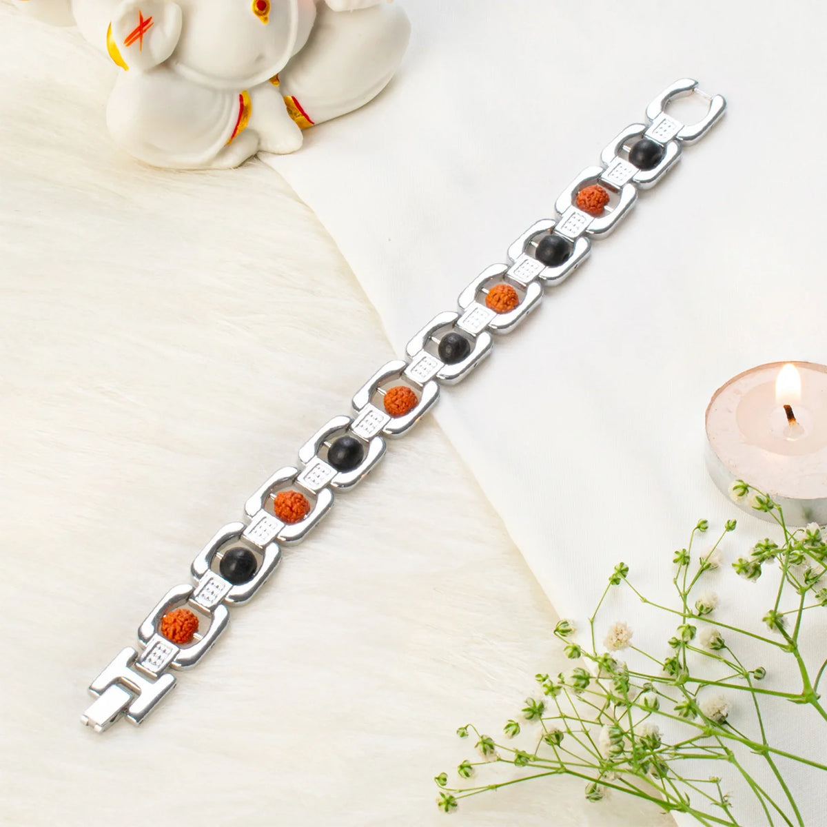 Metal Rudraksha and Karungali Bracelet - Silver