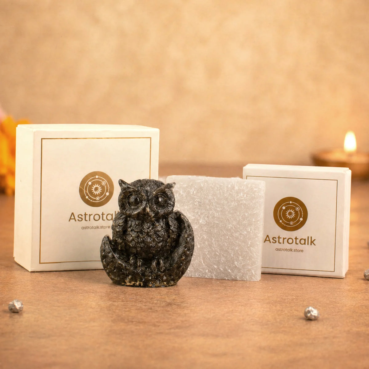 Pyrite Owl with Free Square Selenite Plate