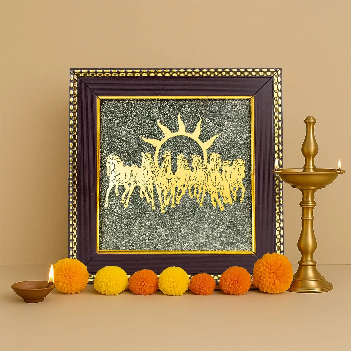 7 Horses on Raw Pyrite Frame with FREE Shree Yantra (6*6 inch)
