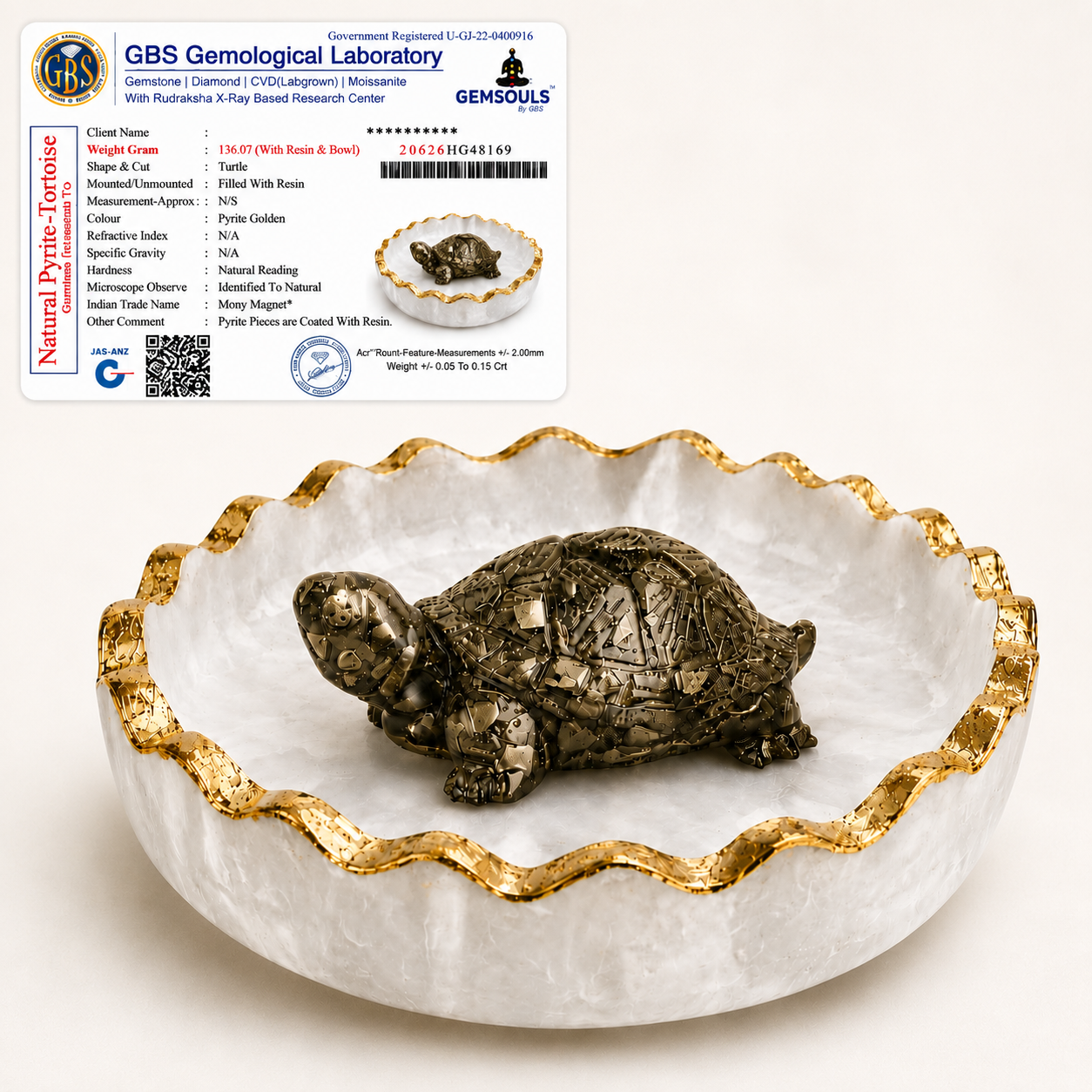 Original Certified Pyrite Tortoise (3x1 Inch) with Selenite Charging Plate, Vastu & Feng Shui Crystal Turtle for Good Luck, Wealth & Prosperity, Home Decor for Living Room & Office