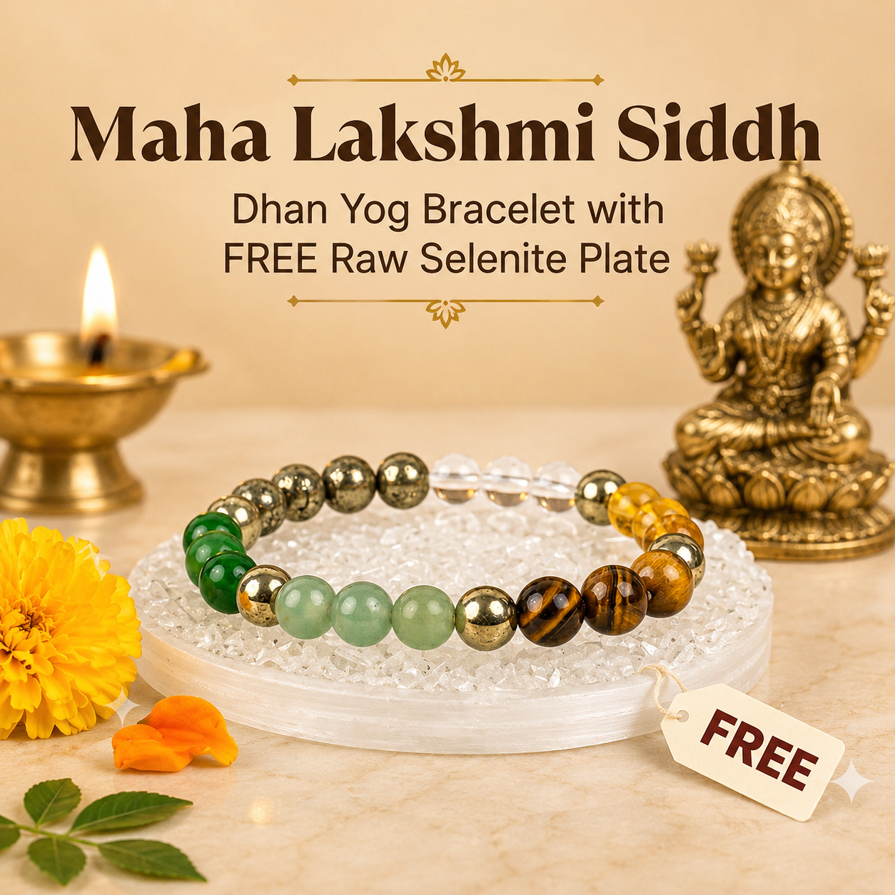 Maha Lakshmi Siddh Dhan Yog Bracelet with FREE Raw Selenite Plate