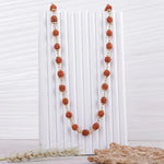 5 Mukhi Rudraksha mala displayed on white stand, Divymukhi