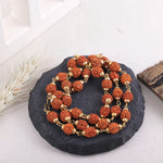5 Mukhi Rudraksha mala with gold accents on black stone display