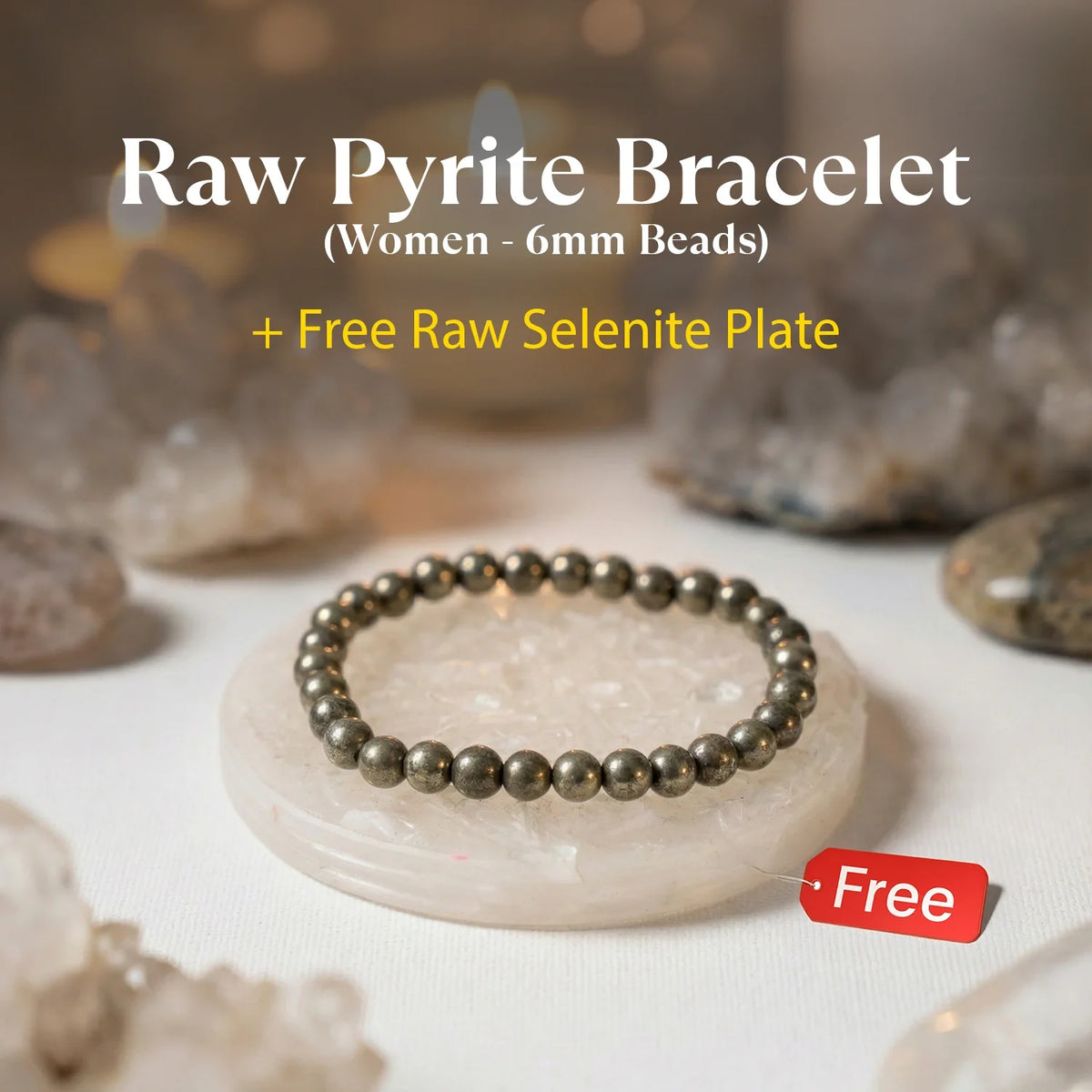 Raw Pyrite Bracelet (Women - 6mm Beads) with FREE Raw Selenite Plate