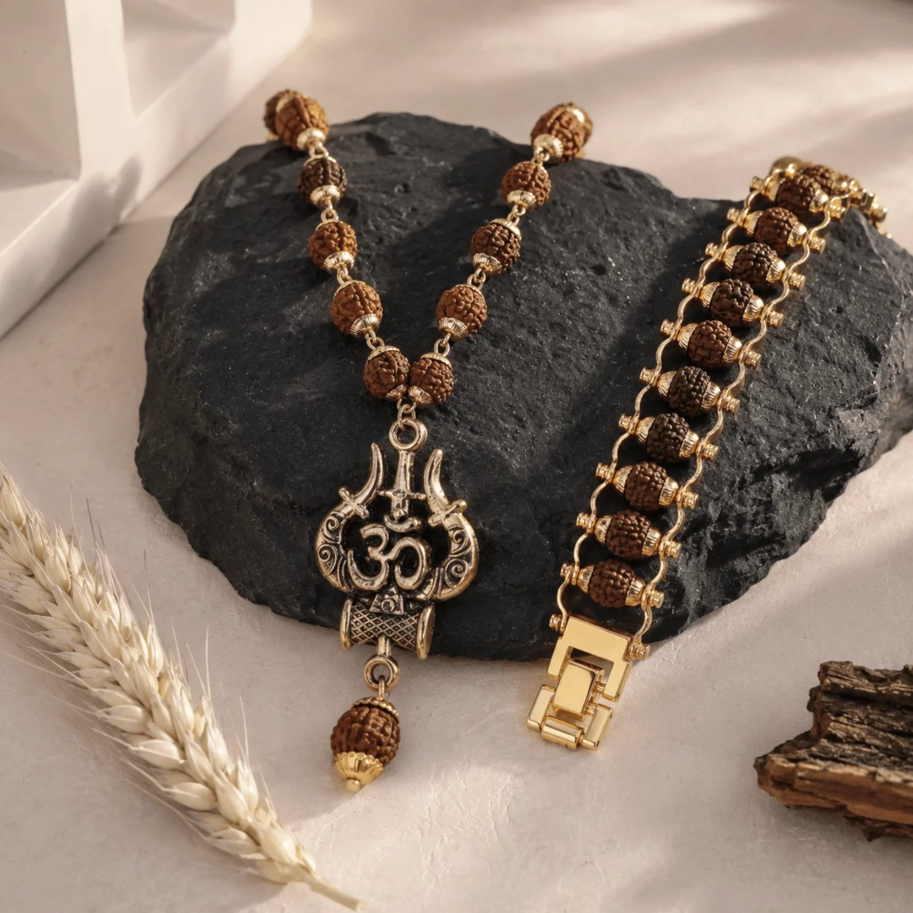 Trishul Rudraksha mala with matching Rudraksha bracelet set