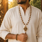 Man wearing Trishul Rudraksha mala necklace with OM pendant