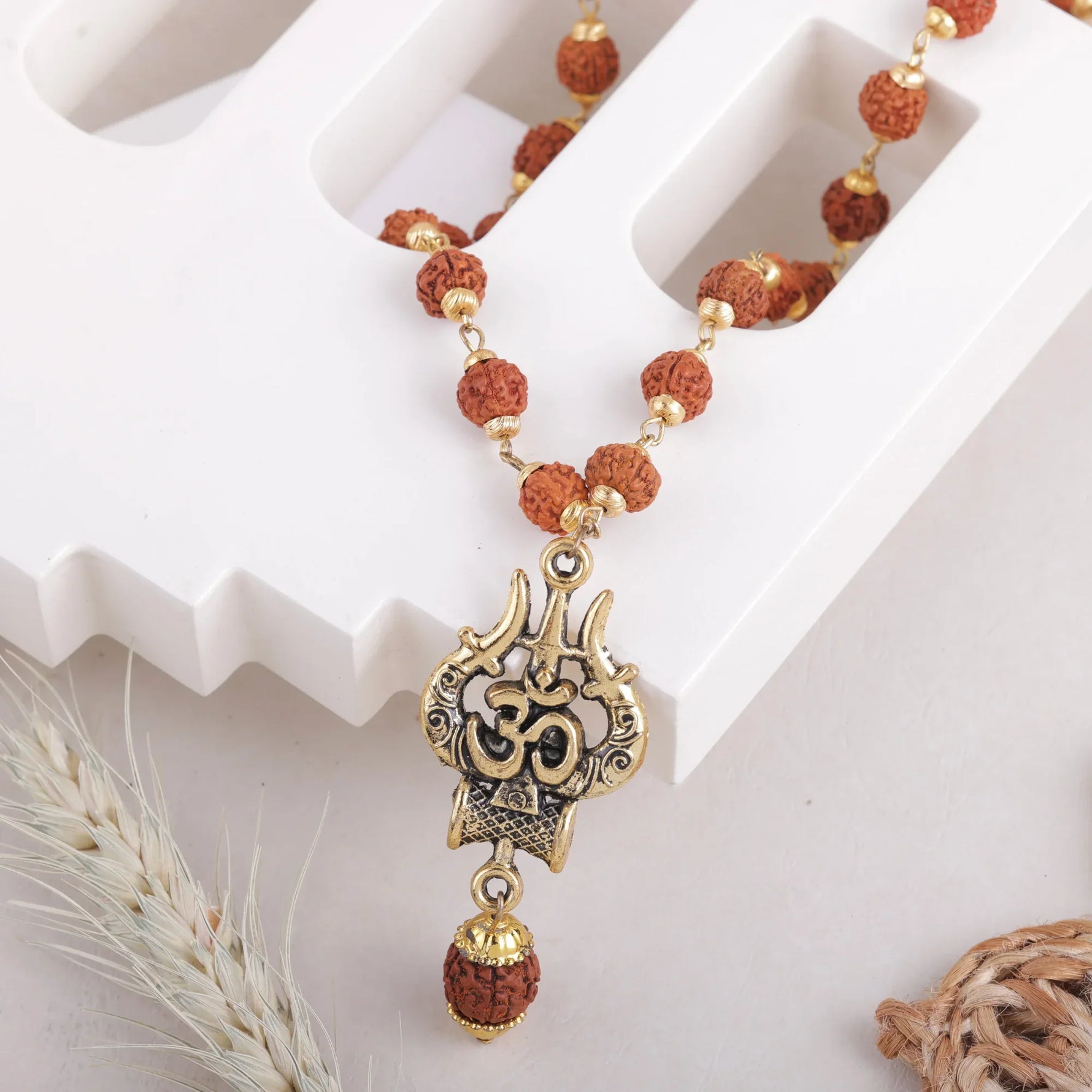 Traditional Rudraksha necklace with antique OM Trishool pendant