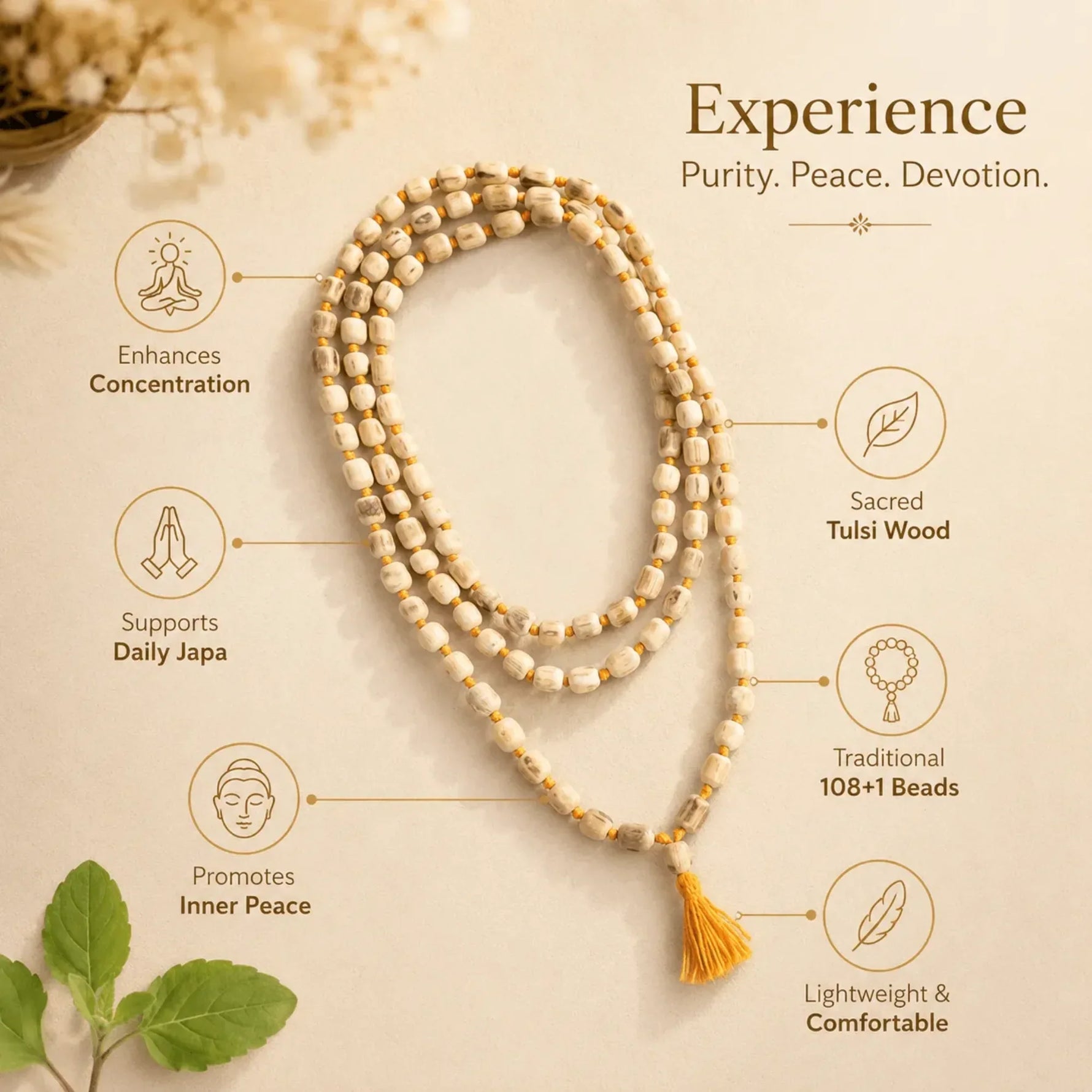 Tulsi mala infographic highlighting spiritual benefits and japa practice