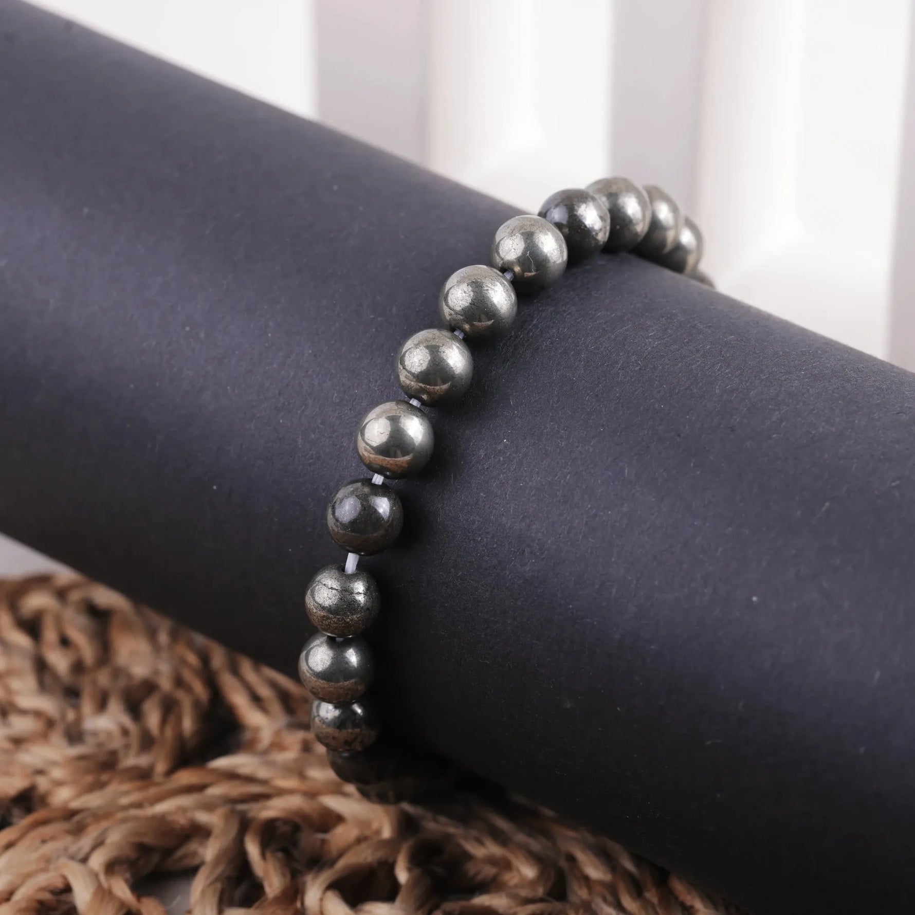 Close-up of natural Pyrite gemstone beads, Divymukhi bracelet