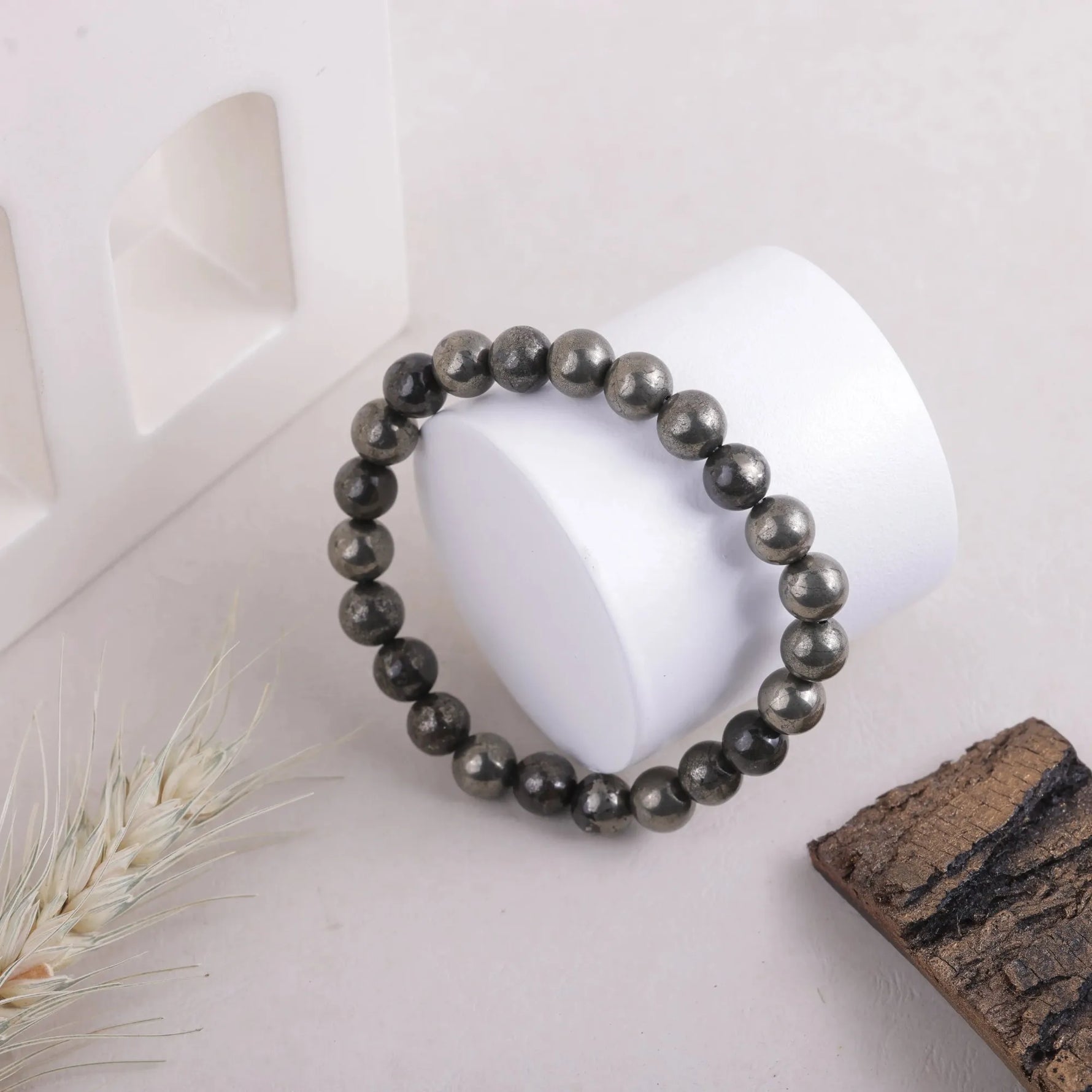 Natural Pyrite bracelet on display, Divymukhi wealth stone