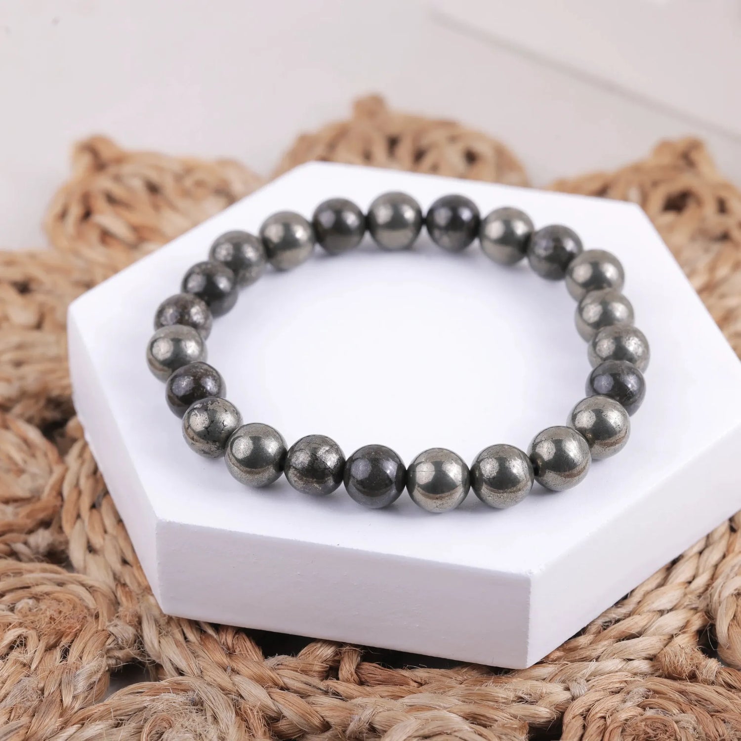 Natural Pyrite bead bracelet top view, elastic stretch fit