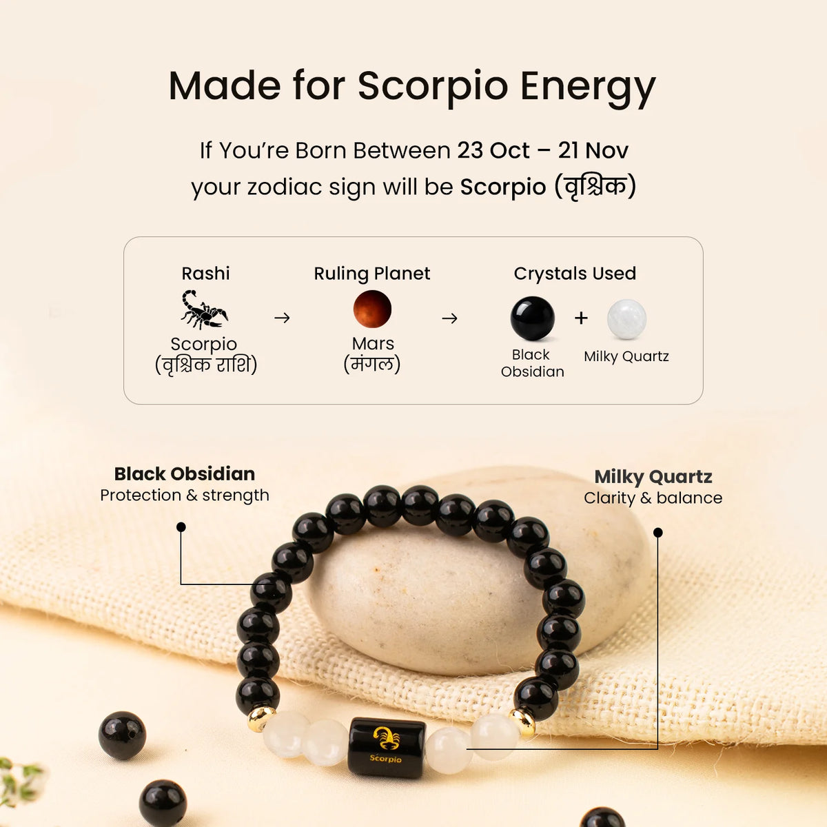 Scorpio (वृश्चिक राशि) Zodiac Black Obsidian & Milky Quartz Bracelet