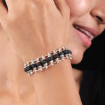 Karungali ebony wood silver bracelet worn by model, unisex style